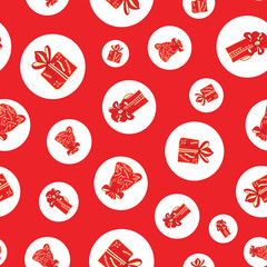 Red and white polka dots vector seamless pattern of hand-drawn Christmas gifts boxes and bags. Perfect for winter holidays wrapping paper, fabric, background.