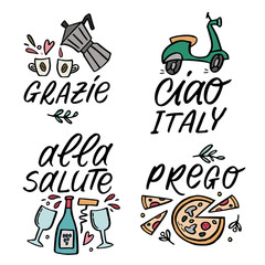 Set of vector cute illustration with traditioanal Italian symbols with handlettering words.