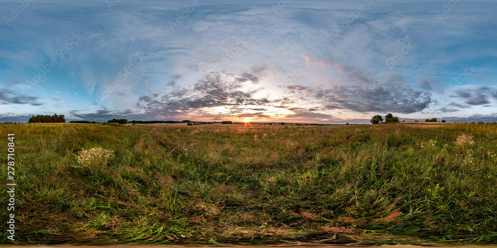 Wall mural full seamless spherical hdri panorama 360 degrees angle view among fields in summer evening sunset w