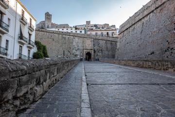 Fototapeta na wymiar Main entrance tower, Portal de Ses taules, walled enclosure of Dalt Vila of Ibiza, Eivissa, Balearic Islands. Spain.