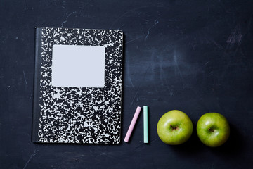 Back to school or student and education concept. Top view. Flat lay. Notebooks, apples and school accessories