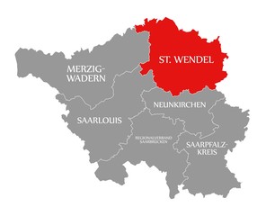 St Wendel red highlighted in map of Saarland Germany DE