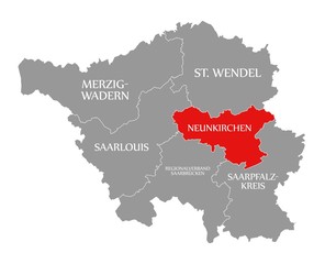 Neunkirchen red highlighted in map of Saarland Germany DE