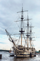 a large sailing ship docked on the Neva River in St. Petersburg, Russia