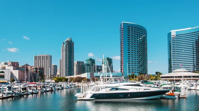Beautiful view of San Diego and floating yachts and boats timelapse hyperlaps