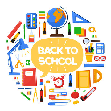 Collection of school supplies. Back to school text. Stationery for school or College. School bag contents. Vector illustration in flat style