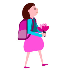 Girl go to school with backpack. She is in the lilac skirt and flowers in her hands.
