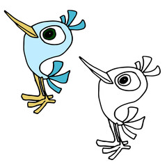 Hand drawn animal for painting with sample.Cartoon bird