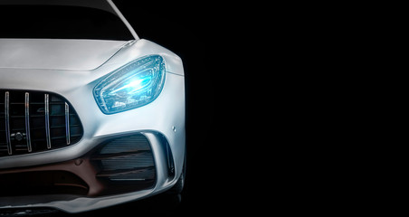 Modern luxury new white sport car , close-up a head light with your space