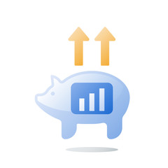 Glass piggy bank, long term investment strategy, arrow of growth, value increase, more money, financial performance