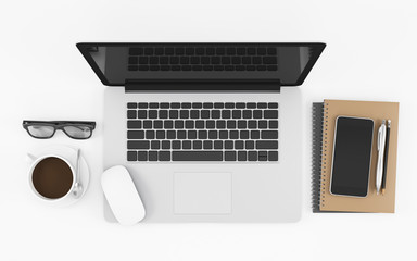 Office desk with computer notebook, glasses, phone, mouse and coffee cup top view on white background, workspace design illustration 3D rendering