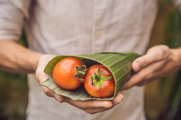 Eco-friendly product packaging concept. Tomatoes wrapped in a banana leaf, as an alternative to a plastic bag. Zero waste concept. Alternative packaging