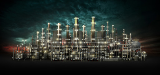 Obraz na płótnie Canvas Night scene of an oil refinery. Ecology pollution. 3d illustration