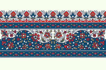 Woodblock printed indigo dye seamless floral ethnic border. Traditional oriental ornament of India, flower garland motif, blue, red and gold tones on ecru background. Textile design.