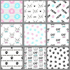 Cats seamless patterns. Cute animals backgrounds.