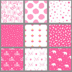 Seamless patterns for girls. Backgrounds with butterflies, stars, elephants, footprints, hearts, cats, pacifiers, crowns.