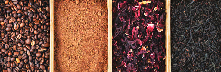 Grains of coffee, cocoa powder, karkade and black tea in box, panorama. View from above.	