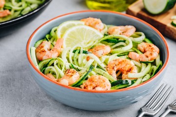 Spiralized zucchini noodles pasta with shrimps