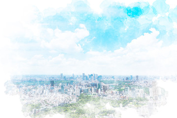 東京の風景 Tokyo city skyline , Japan. Illustration of watercolor painting style.