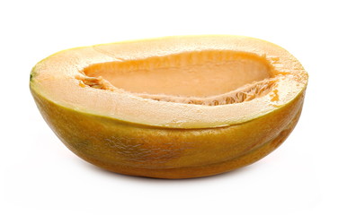 Cantaloupe melon sliced in half isolated on white background