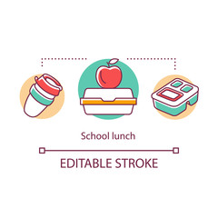 School lunch concept icon. Meal, snacks for pupils, students during break. Lunch box, red apple, disposable plastic cup thin line illustration. Vector isolated outline drawing. Editable stroke