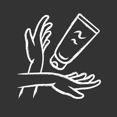 Moisturizing hand cream, sunblock chalk icon. Skincare product isolated vector chalkboard illustration. Female hygiene, body care. Cosmetology, suntan protection. Woman arms and lotion tube