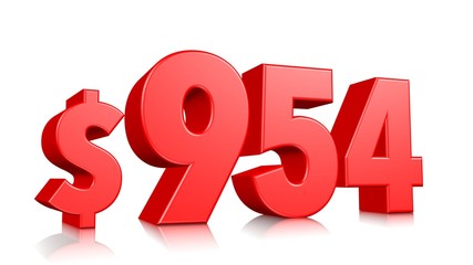 954$ Nine hundred and fifty four price symbol. red text number 3d render with dollar sign on white background