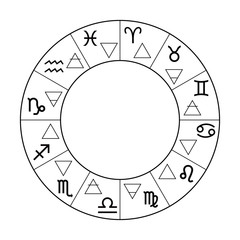 Vector graphics astrology set. A simple geometric representation of the zodiac signs and four elements in circle.  Isolated illustration on white background. Ancient geometry. Mystical sense
