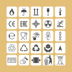 Packaging flat vector symbols. Signs on the package