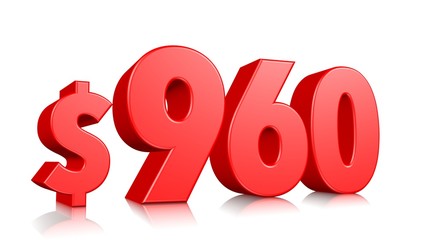 960$ Nine hundred and sixty price symbol. red text number 3d render with dollar sign on white background