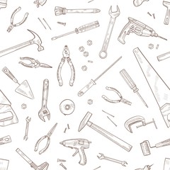 Monochrome seamless pattern with manual and powered tools for woodworking hand drawn with contour lines on white background. Backdrop with equipment for home repair. Realistic vector illustration.