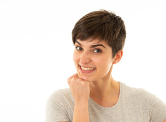 Human expressions and emotions. Portrait of young attractive woman with smiling happy face