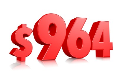 964$ Nine hundred and sixty four price symbol. red text number 3d render with dollar sign on white background