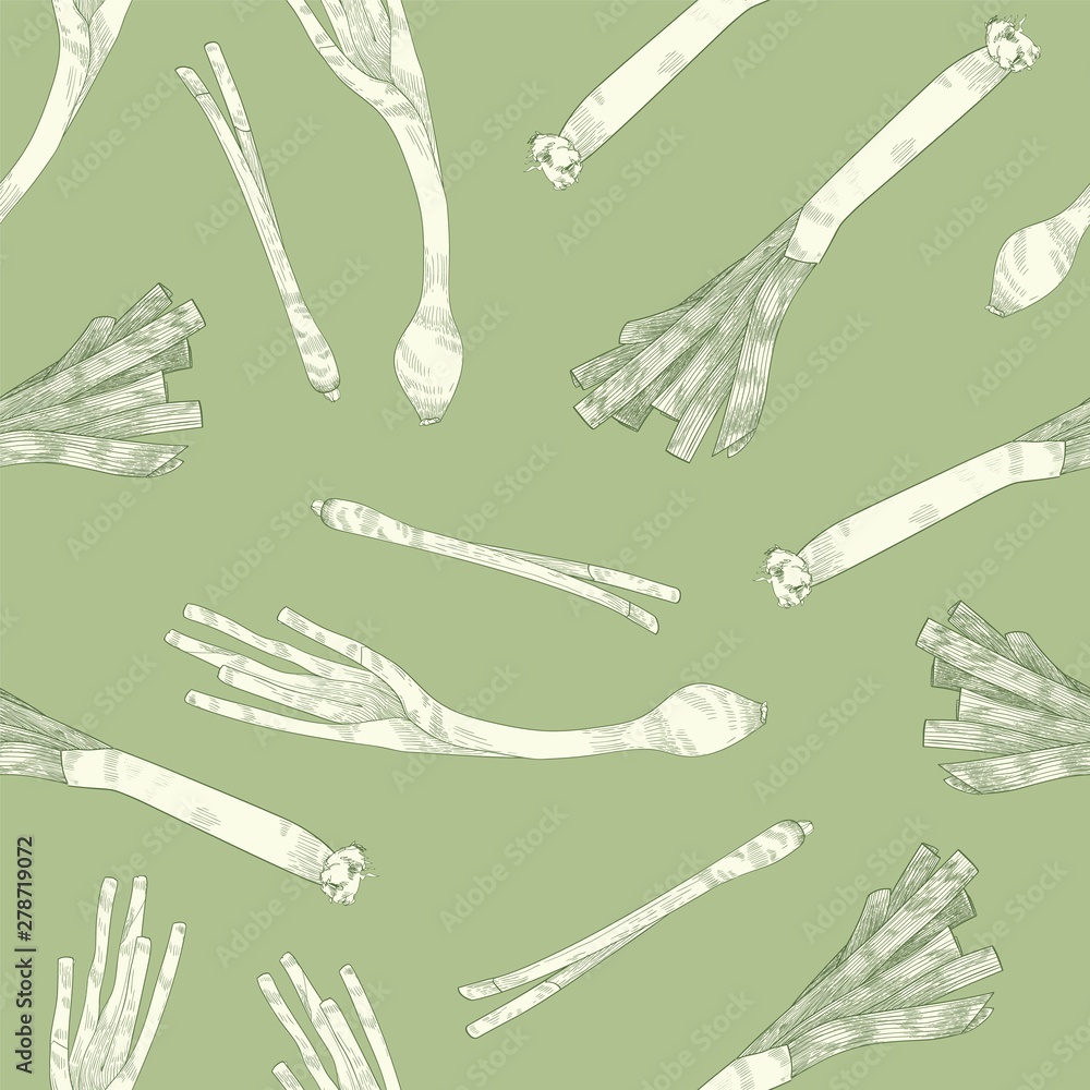 Poster botanical seamless pattern with leek hand drawn with contour lines on green background. backdrop wit