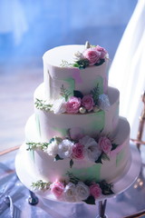 Wedding cake. Delicious sweet holiday buffet with desserts.
