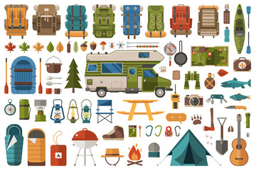 Hiking and Camping Flat Icons Wanderlust Collection - obrazy, fototapety, plakaty