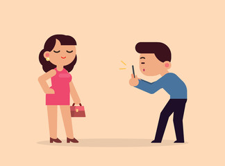 Fototapeta premium a photographer takes pictures of a model woman with smartphone, vector flat illustration.