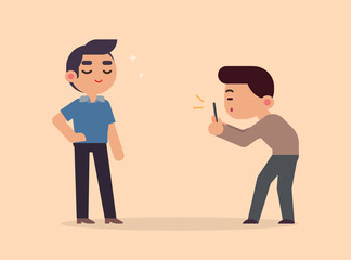 a photographer takes pictures of a model handsome boy with smartphone, vector flat illustration.
