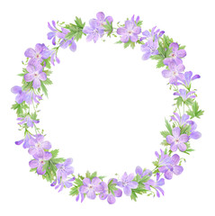 Obraz na płótnie Canvas Watercolor wreath of lilac geranium flowers isolated on white background. Perfect for web design, cosmetics design, package, textile