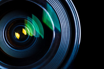 Close Up of a Photographic Lens on Black Background.