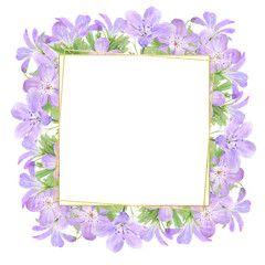 Fototapeta na wymiar Frame of lilac watercolor geranium flowers isolated on white background. Perfect for web design, cosmetics design, package, textile, wedding invitation, logo