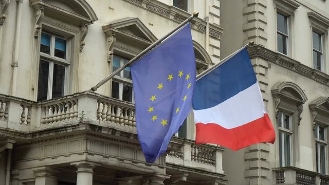 French and European Union Flags Outside Embassy
