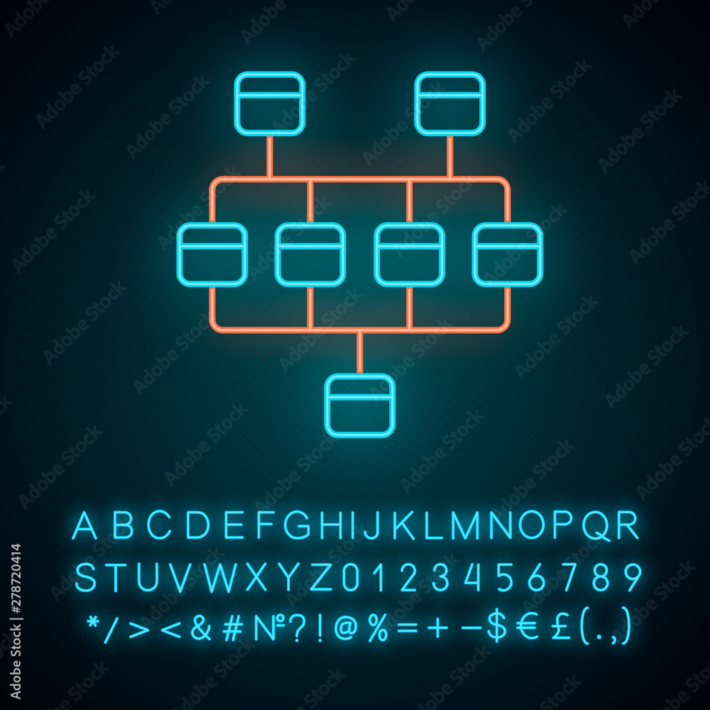 Poster network diagram neon light icon. cluster diagram. network graphical chart. computers structure. inte