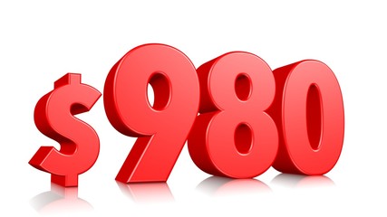 980$ Nine hundred and eighty price symbol. red text number 3d render with dollar sign on white background