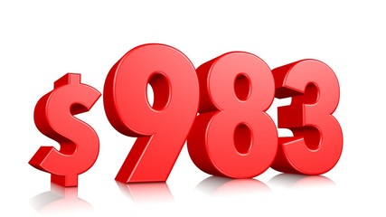 983$ Nine hundred and eighty three price symbol. red text number 3d render with dollar sign on white background