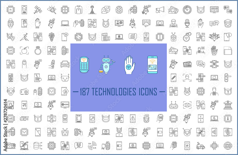 Aufkleber technologies linear icons big set. artificial intelligence, robots. nfc, internet banking, online pa