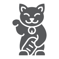 Maneki neko glyph icon, asian and animal, japanese cat sign, vector graphics, a solid pattern on a white background.