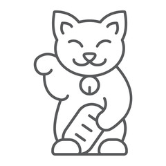 Maneki neko thin line icon, asian and animal, japanese cat sign, vector graphics, a linear pattern on a white background.