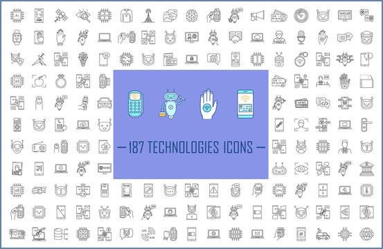 Technologies linear icons big set. Artificial intelligence, robots. NFC, internet banking, online payments services. Thin line contour symbols. Isolated vector outline illustrations. Editable stroke