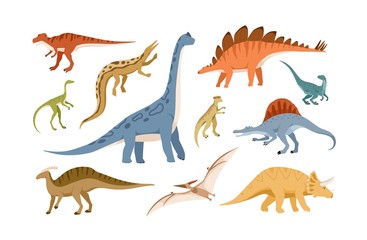 Collection of dinosaurs and pterosaurs of various types isolated on white background. Bundle of prehistoric animals, giant reptiles from Jurassic period. Flat cartoon colorful vector illustration.